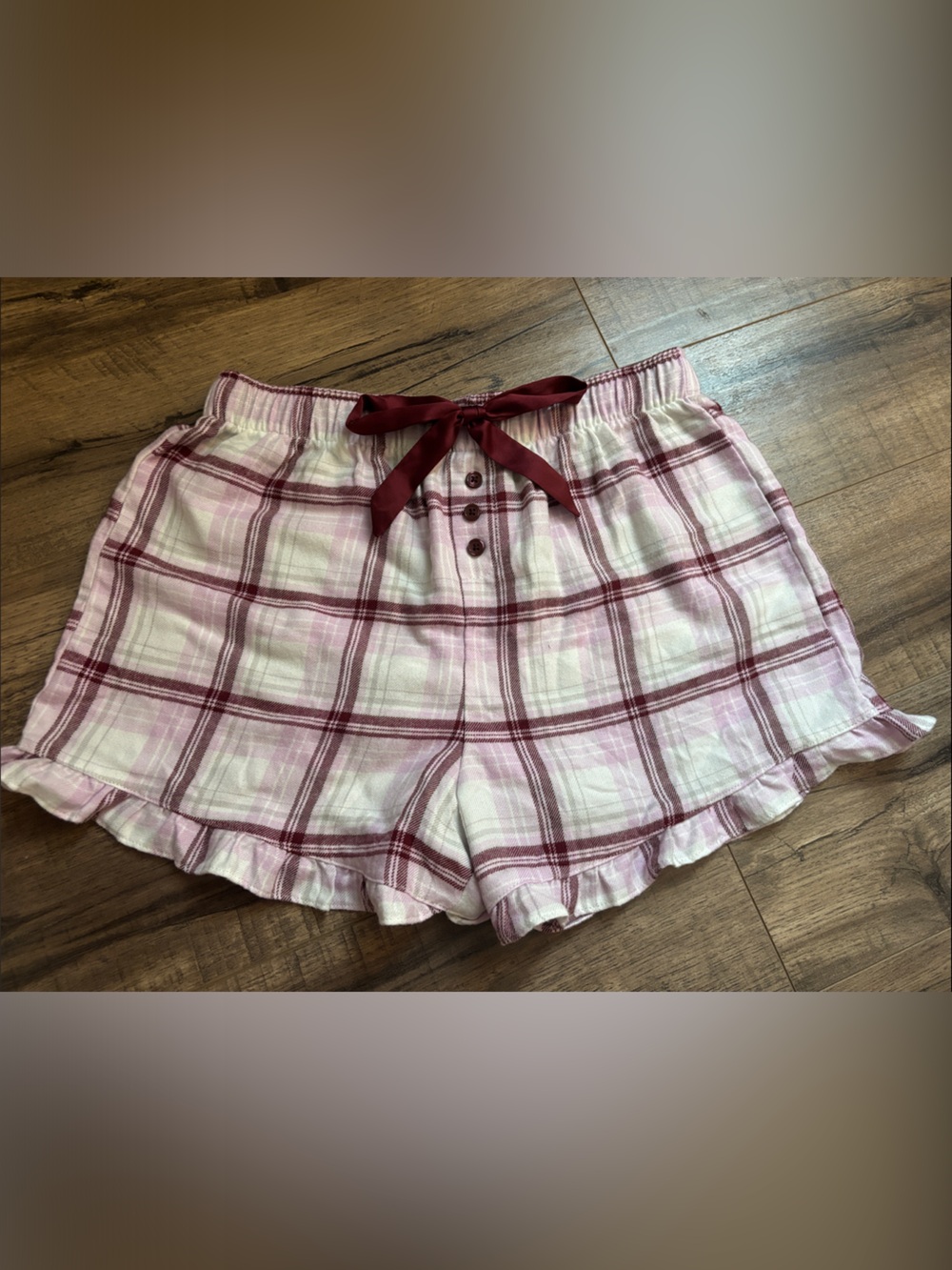 Plaid Ruffle Hem Women's Sleep Shorts - Pink